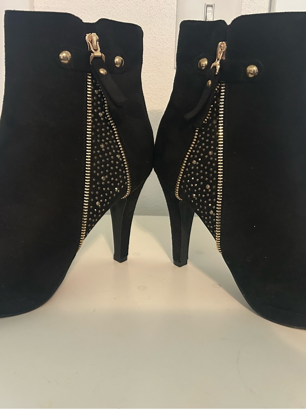 Dream Pairs Black Suede Ankle Booties with Gold Zipper & Stud Accents
